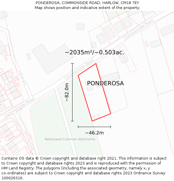 PONDEROSA, COMMONSIDE ROAD, HARLOW, CM18 7EY: Plot and title map