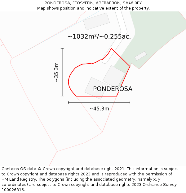 PONDEROSA, FFOSYFFIN, ABERAERON, SA46 0EY: Plot and title map