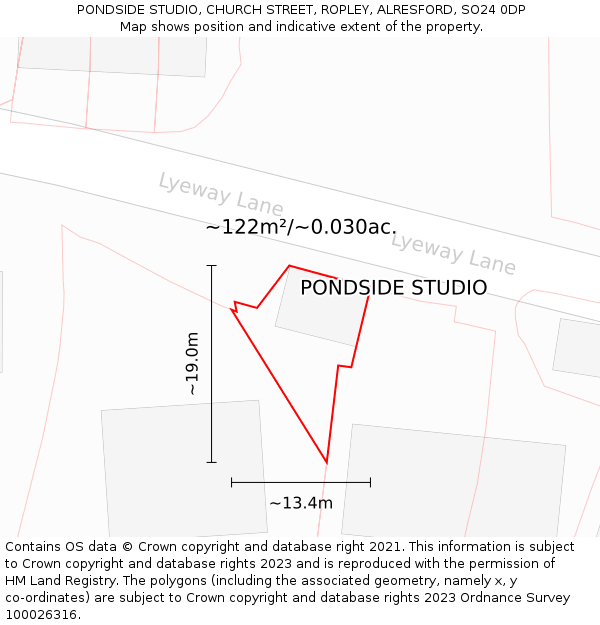 PONDSIDE STUDIO, CHURCH STREET, ROPLEY, ALRESFORD, SO24 0DP: Plot and title map