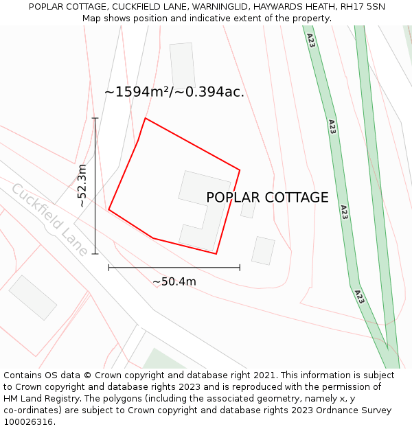 POPLAR COTTAGE, CUCKFIELD LANE, WARNINGLID, HAYWARDS HEATH, RH17 5SN: Plot and title map