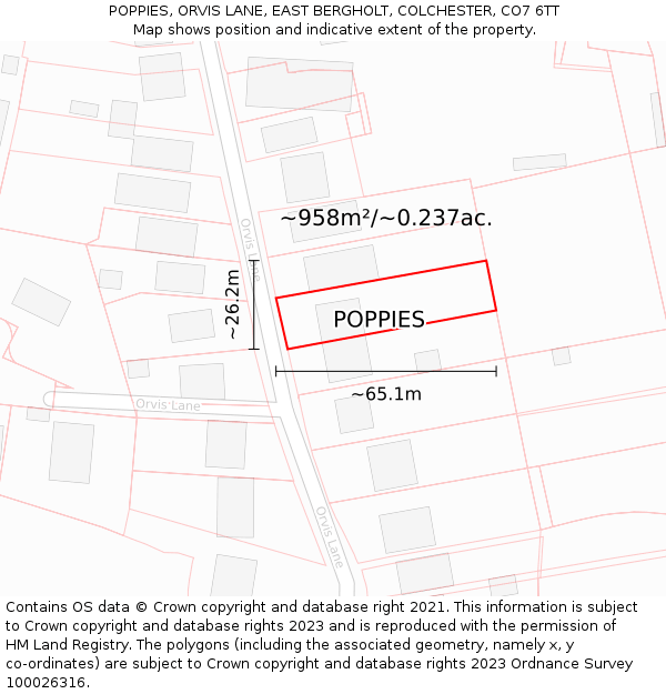 POPPIES, ORVIS LANE, EAST BERGHOLT, COLCHESTER, CO7 6TT: Plot and title map