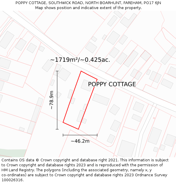 POPPY COTTAGE, SOUTHWICK ROAD, NORTH BOARHUNT, FAREHAM, PO17 6JN: Plot and title map