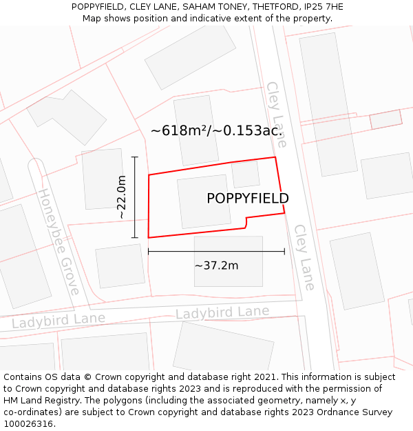 POPPYFIELD, CLEY LANE, SAHAM TONEY, THETFORD, IP25 7HE: Plot and title map