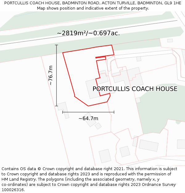 PORTCULLIS COACH HOUSE, BADMINTON ROAD, ACTON TURVILLE, BADMINTON, GL9 1HE: Plot and title map