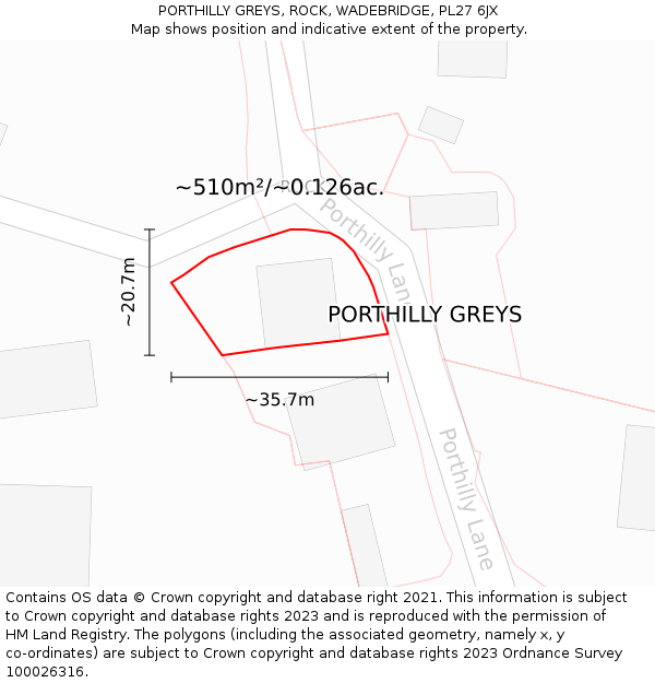 PORTHILLY GREYS, ROCK, WADEBRIDGE, PL27 6JX: Plot and title map