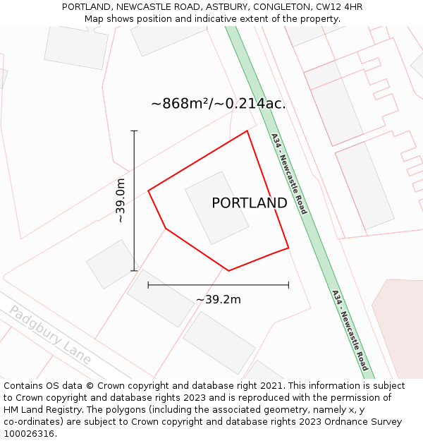 PORTLAND, NEWCASTLE ROAD, ASTBURY, CONGLETON, CW12 4HR: Plot and title map