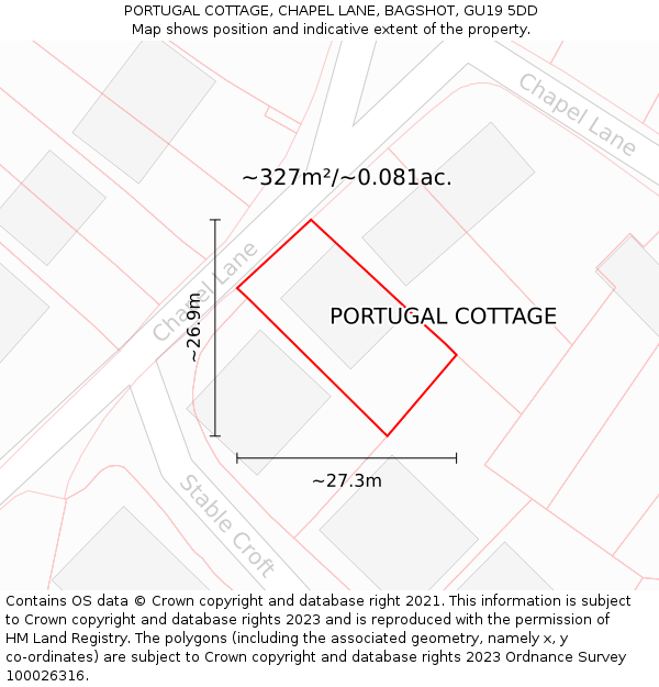 PORTUGAL COTTAGE, CHAPEL LANE, BAGSHOT, GU19 5DD: Plot and title map