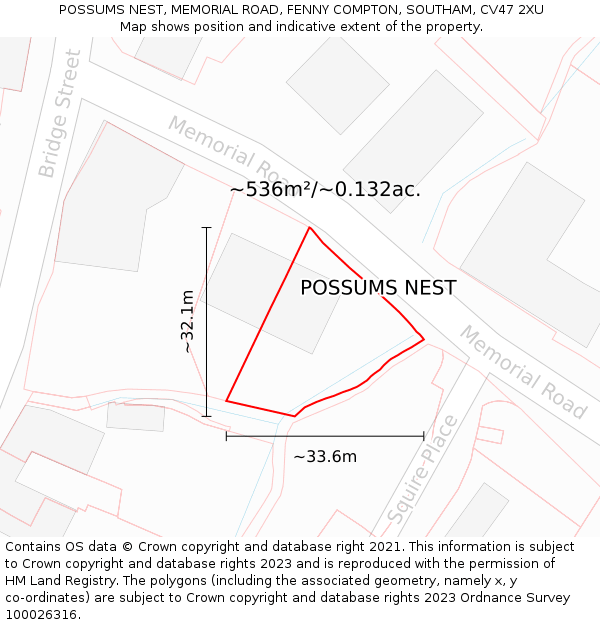 POSSUMS NEST, MEMORIAL ROAD, FENNY COMPTON, SOUTHAM, CV47 2XU: Plot and title map