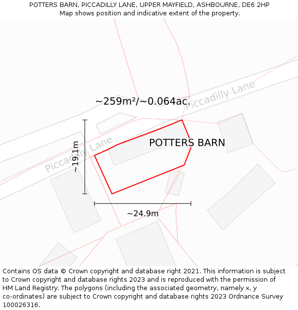 POTTERS BARN, PICCADILLY LANE, UPPER MAYFIELD, ASHBOURNE, DE6 2HP: Plot and title map