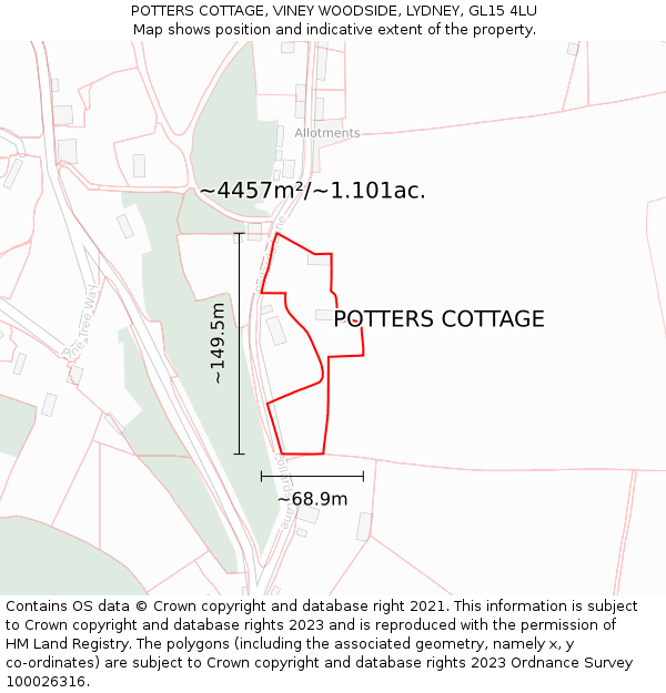 POTTERS COTTAGE, VINEY WOODSIDE, LYDNEY, GL15 4LU: Plot and title map