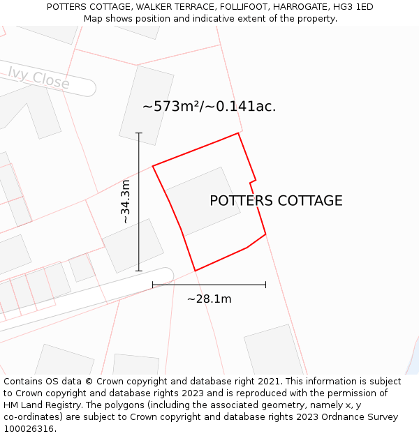 POTTERS COTTAGE, WALKER TERRACE, FOLLIFOOT, HARROGATE, HG3 1ED: Plot and title map