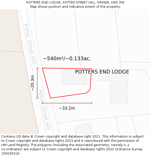 POTTERS END LODGE, POTTER STREET HILL, PINNER, HA5 3YE: Plot and title map