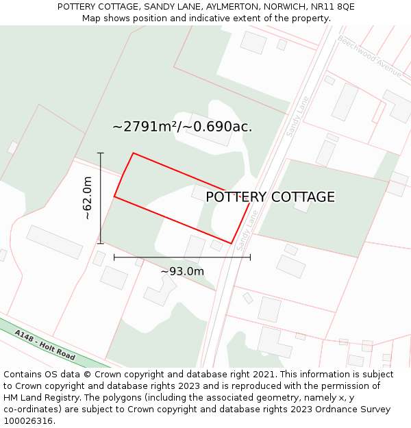 POTTERY COTTAGE, SANDY LANE, AYLMERTON, NORWICH, NR11 8QE: Plot and title map