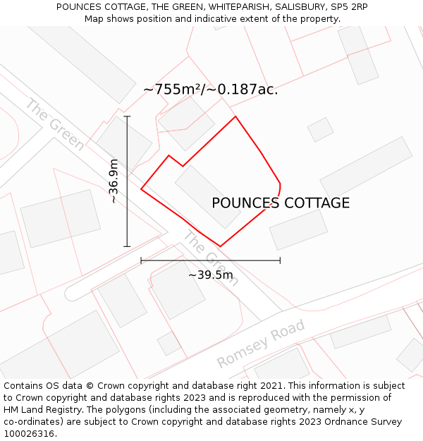 POUNCES COTTAGE, THE GREEN, WHITEPARISH, SALISBURY, SP5 2RP: Plot and title map