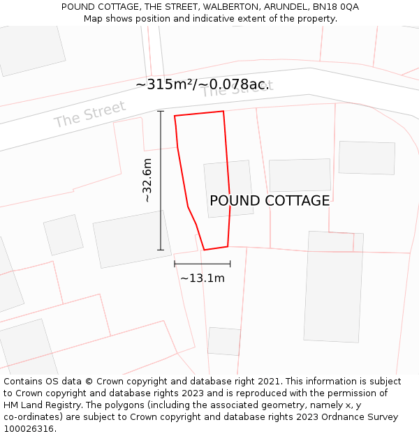 POUND COTTAGE, THE STREET, WALBERTON, ARUNDEL, BN18 0QA: Plot and title map