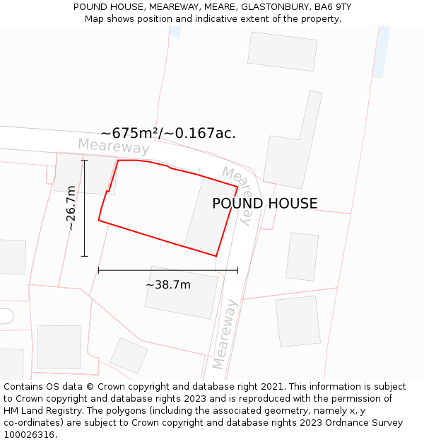 POUND HOUSE, MEAREWAY, MEARE, GLASTONBURY, BA6 9TY: Plot and title map