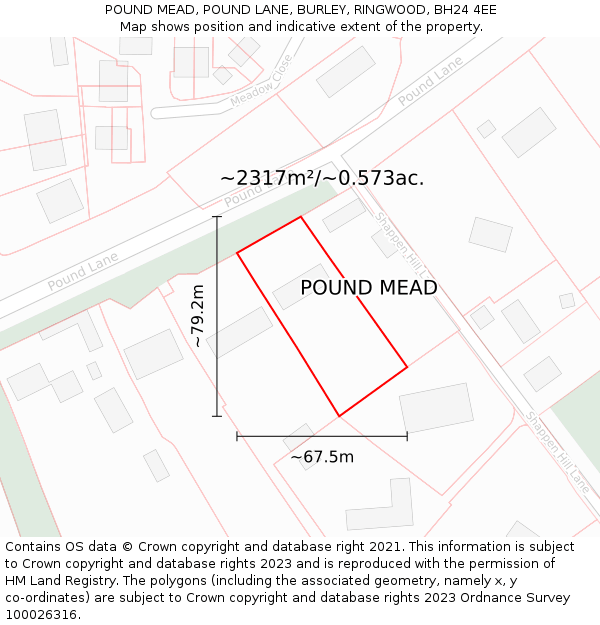 POUND MEAD, POUND LANE, BURLEY, RINGWOOD, BH24 4EE: Plot and title map