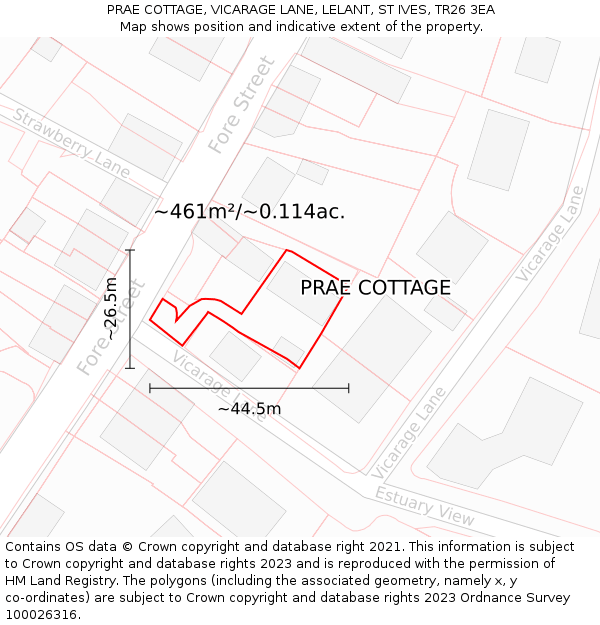 PRAE COTTAGE, VICARAGE LANE, LELANT, ST IVES, TR26 3EA: Plot and title map