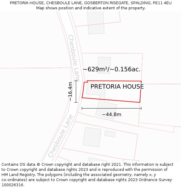 PRETORIA HOUSE, CHESBOULE LANE, GOSBERTON RISEGATE, SPALDING, PE11 4EU: Plot and title map