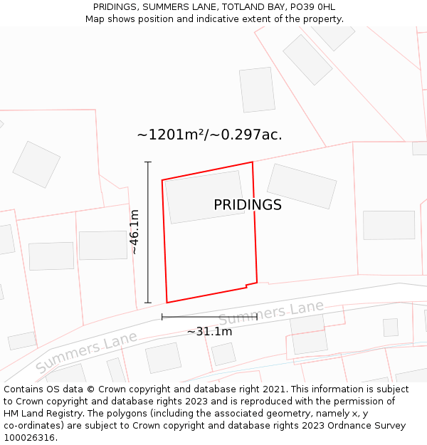 PRIDINGS, SUMMERS LANE, TOTLAND BAY, PO39 0HL: Plot and title map