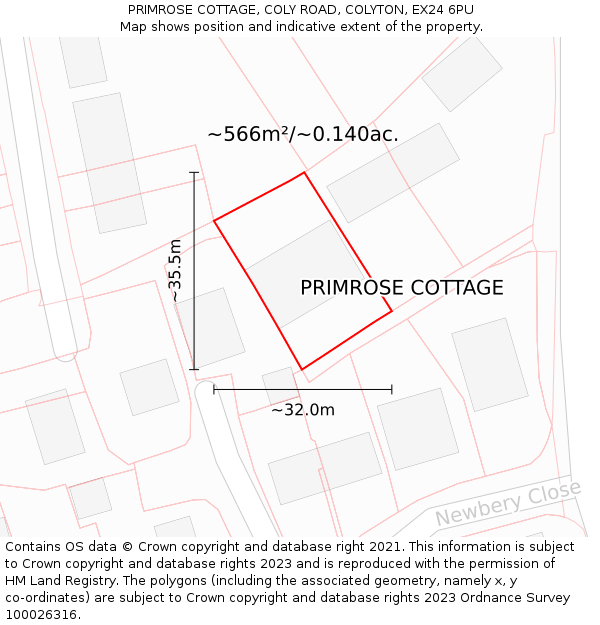 PRIMROSE COTTAGE, COLY ROAD, COLYTON, EX24 6PU: Plot and title map