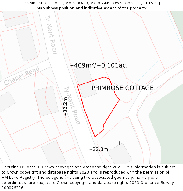 PRIMROSE COTTAGE, MAIN ROAD, MORGANSTOWN, CARDIFF, CF15 8LJ: Plot and title map