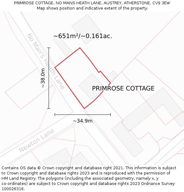 PRIMROSE COTTAGE, NO MANS HEATH LANE, AUSTREY, ATHERSTONE, CV9 3EW: Plot and title map