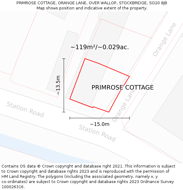 PRIMROSE COTTAGE, ORANGE LANE, OVER WALLOP, STOCKBRIDGE, SO20 8JB: Plot and title map