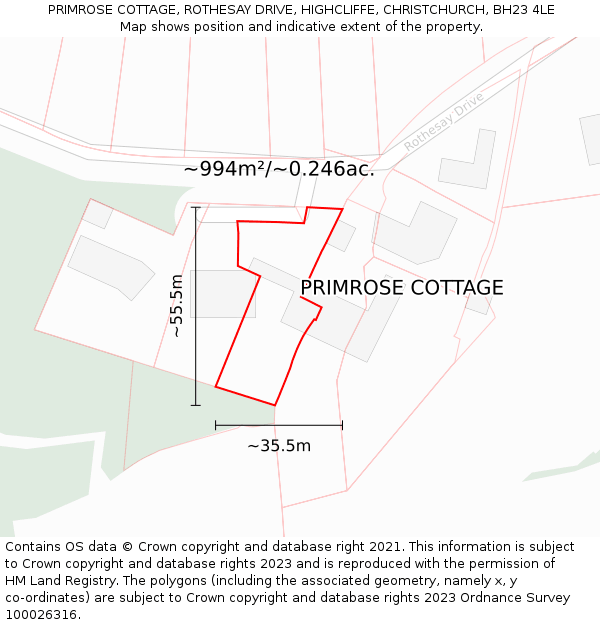 PRIMROSE COTTAGE, ROTHESAY DRIVE, HIGHCLIFFE, CHRISTCHURCH, BH23 4LE: Plot and title map