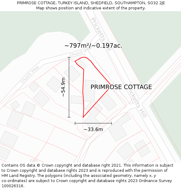 PRIMROSE COTTAGE, TURKEY ISLAND, SHEDFIELD, SOUTHAMPTON, SO32 2JE: Plot and title map