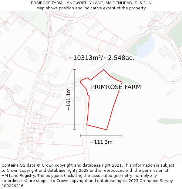 PRIMROSE FARM, LANGWORTHY LANE, MAIDENHEAD, SL6 2HN: Plot and title map