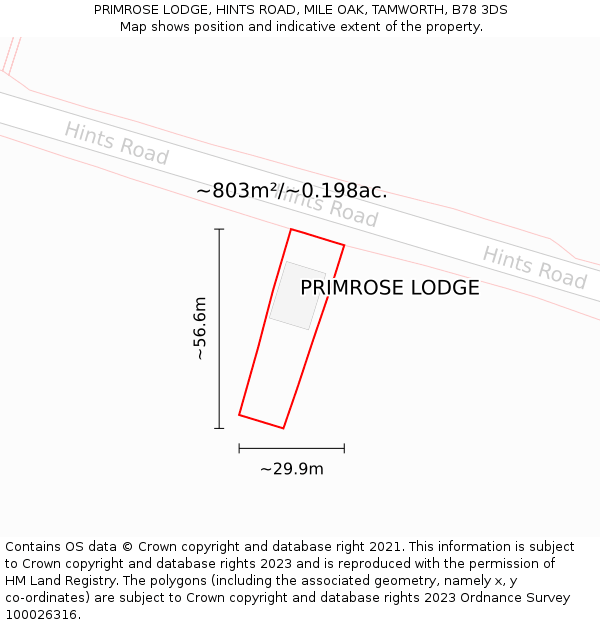 PRIMROSE LODGE, HINTS ROAD, MILE OAK, TAMWORTH, B78 3DS: Plot and title map