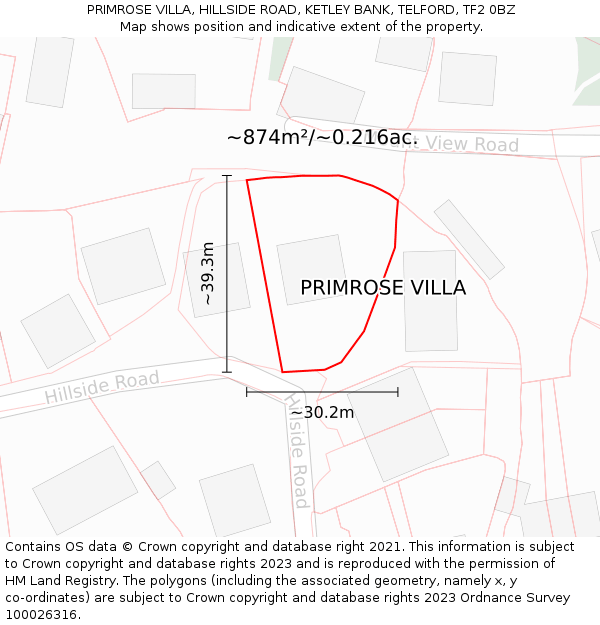 PRIMROSE VILLA, HILLSIDE ROAD, KETLEY BANK, TELFORD, TF2 0BZ: Plot and title map