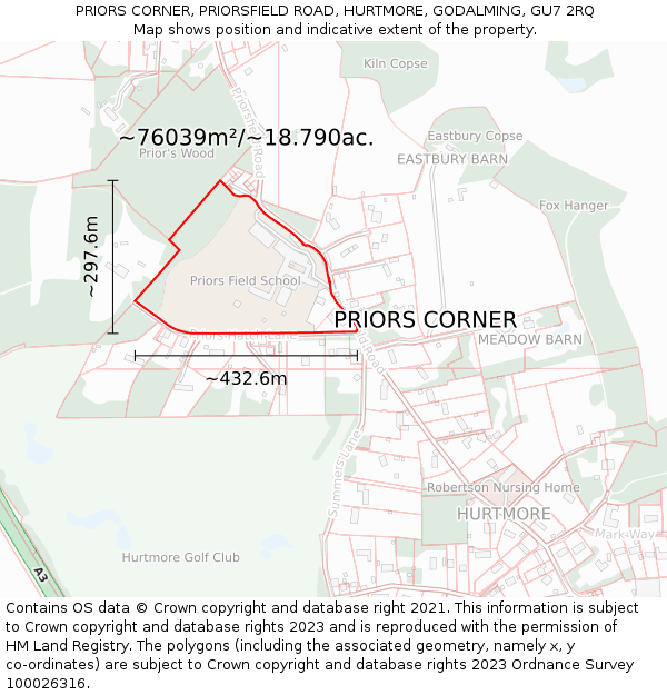 PRIORS CORNER, PRIORSFIELD ROAD, HURTMORE, GODALMING, GU7 2RQ: Plot and title map