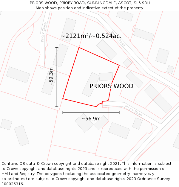 PRIORS WOOD, PRIORY ROAD, SUNNINGDALE, ASCOT, SL5 9RH: Plot and title map