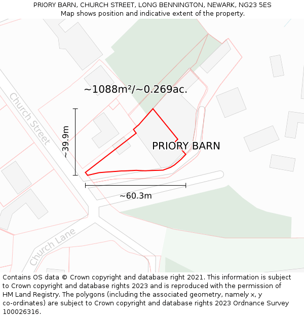 PRIORY BARN, CHURCH STREET, LONG BENNINGTON, NEWARK, NG23 5ES: Plot and title map