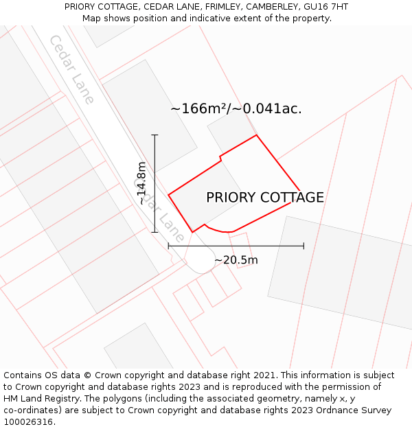 PRIORY COTTAGE, CEDAR LANE, FRIMLEY, CAMBERLEY, GU16 7HT: Plot and title map