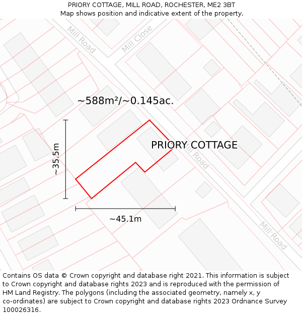 PRIORY COTTAGE, MILL ROAD, ROCHESTER, ME2 3BT: Plot and title map