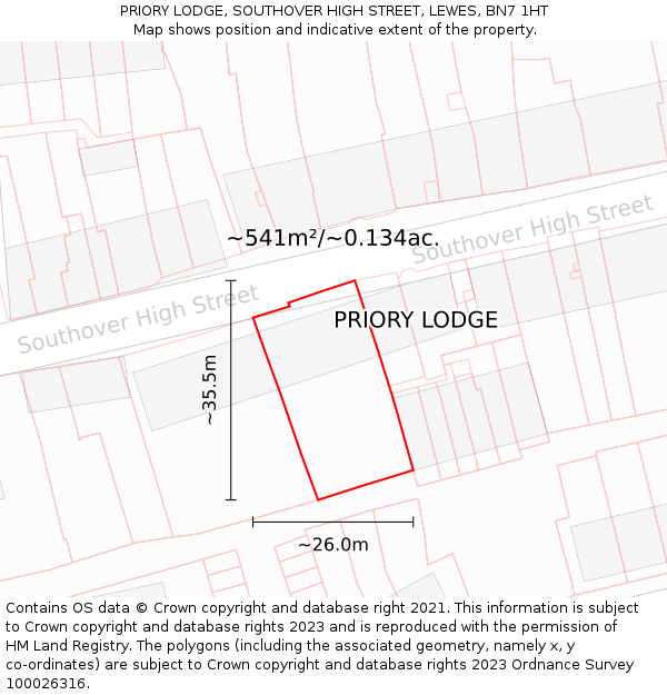 PRIORY LODGE, SOUTHOVER HIGH STREET, LEWES, BN7 1HT: Plot and title map