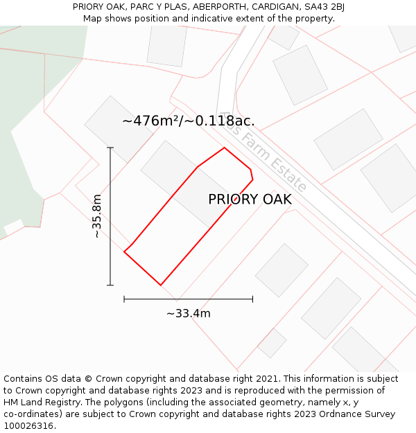 PRIORY OAK, PARC Y PLAS, ABERPORTH, CARDIGAN, SA43 2BJ: Plot and title map