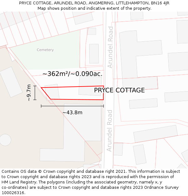 PRYCE COTTAGE, ARUNDEL ROAD, ANGMERING, LITTLEHAMPTON, BN16 4JR: Plot and title map