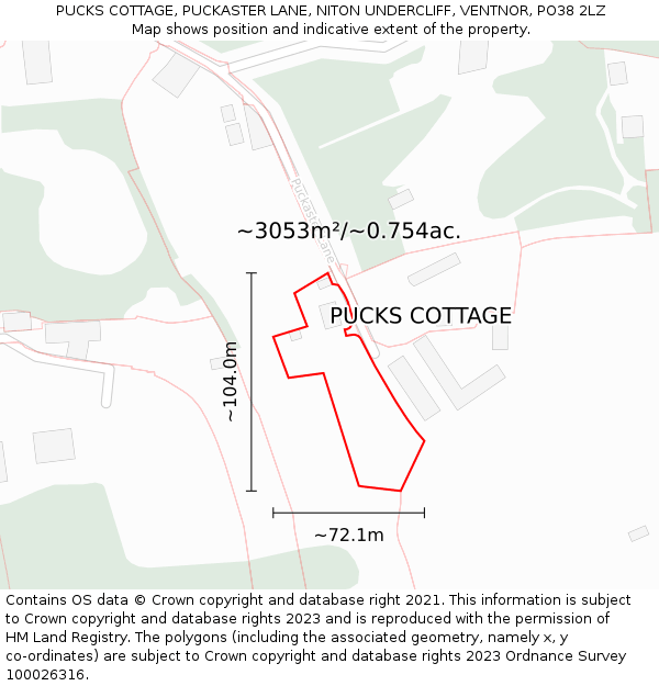 PUCKS COTTAGE, PUCKASTER LANE, NITON UNDERCLIFF, VENTNOR, PO38 2LZ: Plot and title map