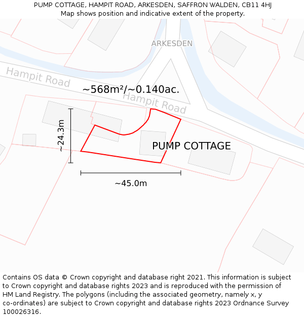 PUMP COTTAGE, HAMPIT ROAD, ARKESDEN, SAFFRON WALDEN, CB11 4HJ: Plot and title map