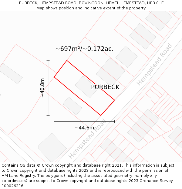 PURBECK, HEMPSTEAD ROAD, BOVINGDON, HEMEL HEMPSTEAD, HP3 0HF: Plot and title map