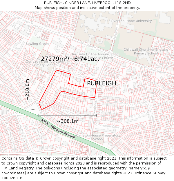 PURLEIGH, CINDER LANE, LIVERPOOL, L18 2HD: Plot and title map