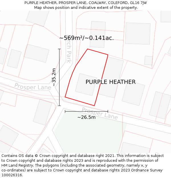 PURPLE HEATHER, PROSPER LANE, COALWAY, COLEFORD, GL16 7JW: Plot and title map