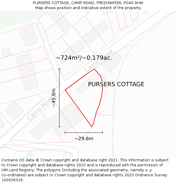 PURSERS COTTAGE, CAMP ROAD, FRESHWATER, PO40 9HW: Plot and title map