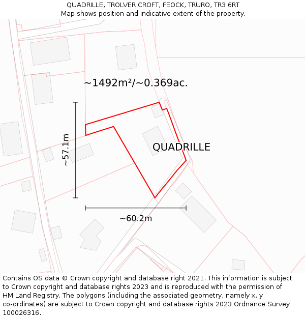 QUADRILLE, TROLVER CROFT, FEOCK, TRURO, TR3 6RT: Plot and title map