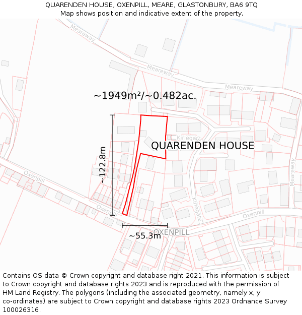 QUARENDEN HOUSE, OXENPILL, MEARE, GLASTONBURY, BA6 9TQ: Plot and title map