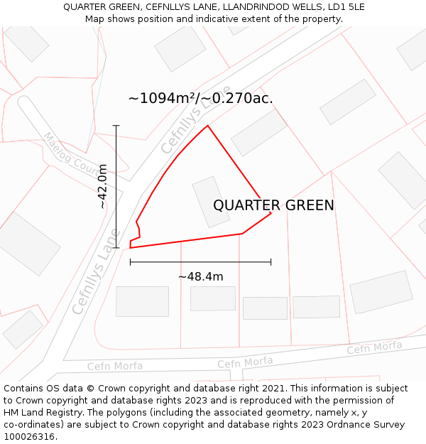 QUARTER GREEN, CEFNLLYS LANE, LLANDRINDOD WELLS, LD1 5LE: Plot and title map